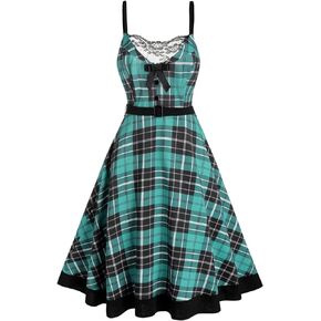 DRESSFO المرأة 1950s خمر فستان محكم من عند الصدر ويتدلى بشكل واسع منقوشة الخامس الرقبة بلا أكمام الرسن فستان روكابيلي 50s ريترو ألف خط فساتين لحفلات الكوكتيل in Kuwait