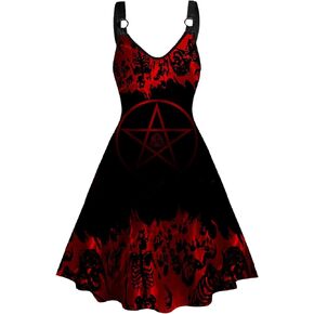 DRESSFO المرأة 2023 هالوين فستان بلا أكمام الخامس الرقبة السباغيتي حزام فساتين صغيرة القوطي عالية الخصر ألف خط فستان محكم من عند الصدر ويتدلى بشكل واسع in Kuwait