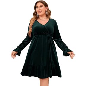 KOJOOIN Plus Size Velvet Dress Women V Neck Wrap Midi Dress Long Sleeve Babydoll Fall Dress Ruffle Hem Cocktail Party Dress