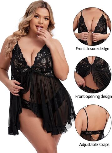 LNRFHI مقاس كبير ملابس داخلية نسائية مثيرة بإغلاق أمامي قميص بيبي دول دانتيل ملابس نوم نايتي in Kuwait