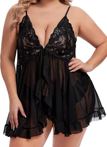 LNRFHI مقاس كبير ملابس داخلية نسائية مثيرة بإغلاق أمامي قميص بيبي دول دانتيل ملابس نوم نايتي in Kuwait