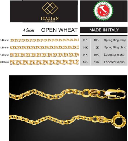 Italian Fashions REAL 14K Solid Gold Italian White Gold 1.5mm Flat Open wheat Link Chain Necklace 14 Karat with Lobster Claw Clasp Include Gift Pouch with Order (1.5 MM 18 Inches14K White Gold ITALY) in Saudi Arabia