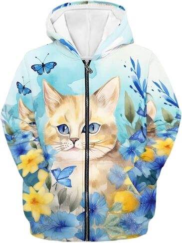 سترة بقلنسوة بطبعة زهور وحيوانات من Parprinty للفتيات كاجوال ناعمة وجذابة بغطاء للرأس مع جيوب بغطاء للرأس in Kuwait