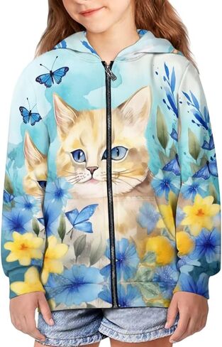 سترة بقلنسوة بطبعة زهور وحيوانات من Parprinty للفتيات كاجوال ناعمة وجذابة بغطاء للرأس مع جيوب بغطاء للرأس in Kuwait