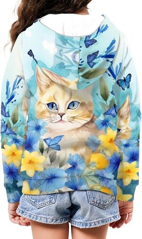 سترة بقلنسوة بطبعة زهور وحيوانات من Parprinty للفتيات كاجوال ناعمة وجذابة بغطاء للرأس مع جيوب بغطاء للرأس in Kuwait