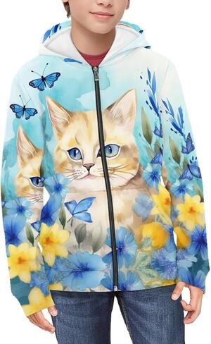 سترة بقلنسوة بطبعة زهور وحيوانات من Parprinty للفتيات كاجوال ناعمة وجذابة بغطاء للرأس مع جيوب بغطاء للرأس in Kuwait