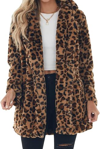 CORIRESHA Women's Leopard Print Faux Fur Coat Lapel Casual fuzzy Autumn Winter Coat in Saudi Arabia