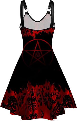 DRESSFO المرأة 2023 هالوين فستان بلا أكمام الخامس الرقبة السباغيتي حزام فساتين صغيرة القوطي عالية الخصر ألف خط فستان محكم من عند الصدر ويتدلى بشكل واسع in Kuwait