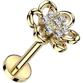 Pierced Owl 16GA 316L Stainless Steel Hollow Flower with CZ Crystal Center Internally Threaded Stud