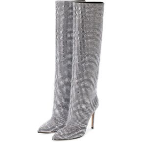 Ouepiano Women's Rhinestone Booties Stiletto Heel Boots Bling Pointed Toe Side Zipper Sparkly Rhinestone Knee High Boots for Party, Wedding, Proms in Kuwait