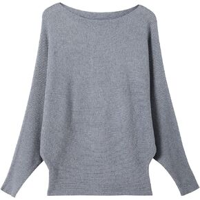 Women's Batwing Sleeves Sweater Solid Boat Neck Knit Pullover Dolman Sweater Tops for Women