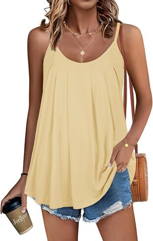 JOELLYUS Tank Top for Women Pleated Spaghetti Strap Camisole Loose Fit Casual Sleeveless Flowy Basic Tops in Saudi Arabia
