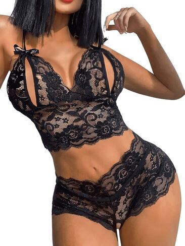 SweatyRocks Women's 2 Piece Lingerie Set Sheer Lace Cut Out Bra and Panty Teddy Lingerie in Saudi Arabia