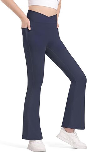 Witwot Girls Flare Leggings V Cross High Waisted Yoga Pants Kids Bell Bottoms Athletic Pants with Pocket in Kuwait