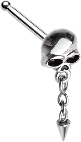 Pierced Owl 20GA Stainless Steel Skull with Dangling Chain Spike Nose Bone Stud, Metal, no gemstone in Saudi Arabia