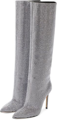 Ouepiano Women's Rhinestone Booties Stiletto Heel Boots Bling Pointed Toe Side Zipper Sparkly Rhinestone Knee High Boots for Party, Wedding, Proms in Kuwait