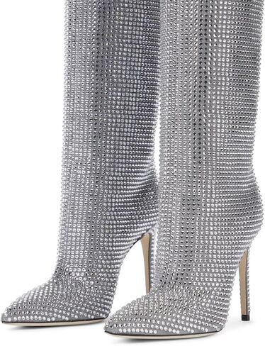 Ouepiano Women's Rhinestone Booties Stiletto Heel Boots Bling Pointed Toe Side Zipper Sparkly Rhinestone Knee High Boots for Party, Wedding, Proms in Kuwait