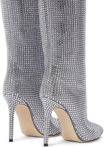Ouepiano Women's Rhinestone Booties Stiletto Heel Boots Bling Pointed Toe Side Zipper Sparkly Rhinestone Knee High Boots for Party, Wedding, Proms in Kuwait