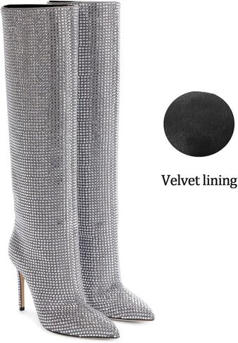 Ouepiano Women's Rhinestone Booties Stiletto Heel Boots Bling Pointed Toe Side Zipper Sparkly Rhinestone Knee High Boots for Party, Wedding, Proms in Kuwait