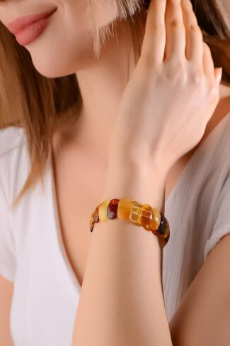 Amberistan Amber Stretch Bracelet for Women – 7" - Unique Stone Cut Bracelet Amber Stone Jewelry for Adults in Kuwait