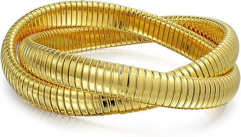 Omega Snake Cobra Wide Bangle Twisted Bracelet Bands Set Interlocking Flexible Stretch Bracelets for Women Silver Gunmetal Rose Yellow Gold Plated Stainless Steel Fits 8 to 8.5 inches Wrist in Saudi Arabia
