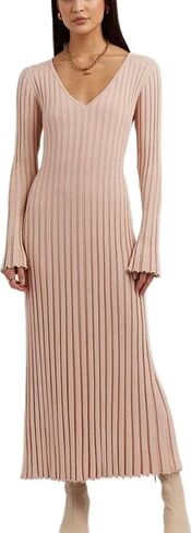 الشتاء ماكسي سترة فستان طويل الأكمام مضلع متماسكة Bodycon سترة فستان للنساء الخامس الرقبة ميدي التفاف فساتين طويلة in Kuwait