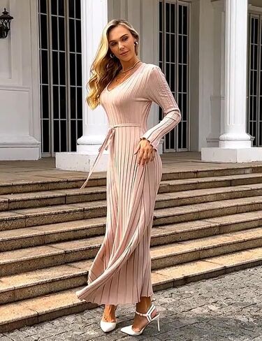 الشتاء ماكسي سترة فستان طويل الأكمام مضلع متماسكة Bodycon سترة فستان للنساء الخامس الرقبة ميدي التفاف فساتين طويلة in Kuwait