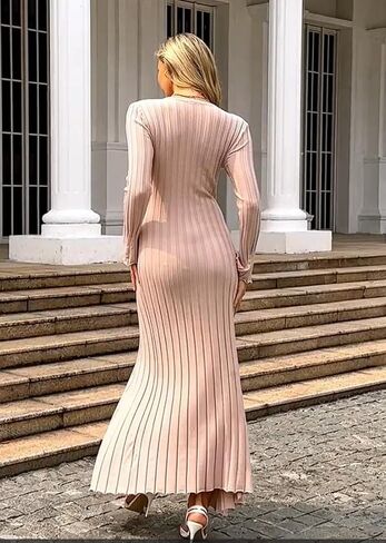 الشتاء ماكسي سترة فستان طويل الأكمام مضلع متماسكة Bodycon سترة فستان للنساء الخامس الرقبة ميدي التفاف فساتين طويلة in Kuwait