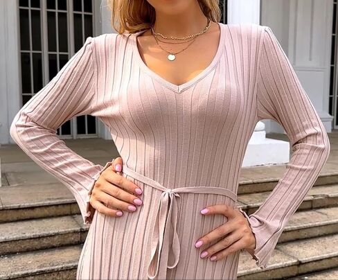 الشتاء ماكسي سترة فستان طويل الأكمام مضلع متماسكة Bodycon سترة فستان للنساء الخامس الرقبة ميدي التفاف فساتين طويلة in Kuwait
