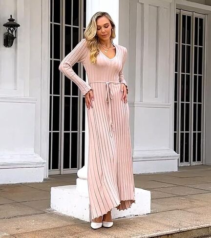 الشتاء ماكسي سترة فستان طويل الأكمام مضلع متماسكة Bodycon سترة فستان للنساء الخامس الرقبة ميدي التفاف فساتين طويلة in Kuwait