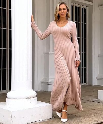 الشتاء ماكسي سترة فستان طويل الأكمام مضلع متماسكة Bodycon سترة فستان للنساء الخامس الرقبة ميدي التفاف فساتين طويلة in Kuwait
