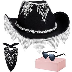 Rhinestone Cowgirl Hat Bling Diamond Fringe Cowboy Hat Western Hat Glitter Cowboy Hat for Men Women Cosplay Party Costume (Black,Gorgeous Style) in Saudi Arabia