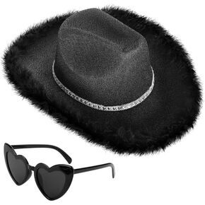 Yoiemivy ريشة قبعة رعاة البقر مع نظارة شمسية على شكل قلب للنساء، قبعة رعاة البقر ديسكو سباركلي قبعة راعية البقر الغربية لحفل زفاف عيد الميلاد (أسود) in Kuwait