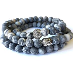 108 Bead Picasso Jasper 8mm Mala Beads- Yoga Meditation Bracelet Necklace - Healing Stone Grey in Saudi Arabia