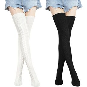 Junely 2 Pairs Cable Knitted Thigh High Socks for Women in Kuwait