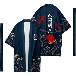 Mens Loose 3/4 Wide Sleeve Kimono Longline Yukata Robe Gown Tops Shirt Haori Coat Japanese Style Retro Casual