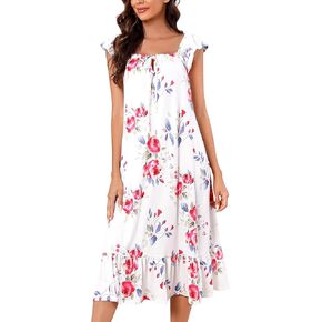 كيدلوف ثوب نوم للنساء ناعم بدون اكمام مطبوع عليه زهور من سليبوير، فستان منزلي بحافة مكشكشة بنقشة جلد الفهد in Kuwait