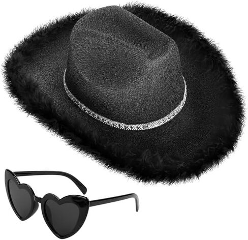 Yoiemivy ريشة قبعة رعاة البقر مع نظارة شمسية على شكل قلب للنساء، قبعة رعاة البقر ديسكو سباركلي قبعة راعية البقر الغربية لحفل زفاف عيد الميلاد (أسود) in Kuwait