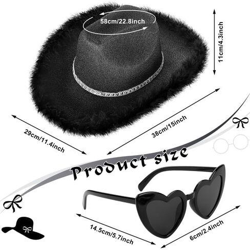 Yoiemivy ريشة قبعة رعاة البقر مع نظارة شمسية على شكل قلب للنساء، قبعة رعاة البقر ديسكو سباركلي قبعة راعية البقر الغربية لحفل زفاف عيد الميلاد (أسود) in Kuwait