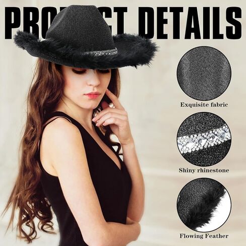 Yoiemivy ريشة قبعة رعاة البقر مع نظارة شمسية على شكل قلب للنساء، قبعة رعاة البقر ديسكو سباركلي قبعة راعية البقر الغربية لحفل زفاف عيد الميلاد (أسود) in Kuwait