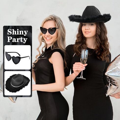 Yoiemivy ريشة قبعة رعاة البقر مع نظارة شمسية على شكل قلب للنساء، قبعة رعاة البقر ديسكو سباركلي قبعة راعية البقر الغربية لحفل زفاف عيد الميلاد (أسود) in Kuwait