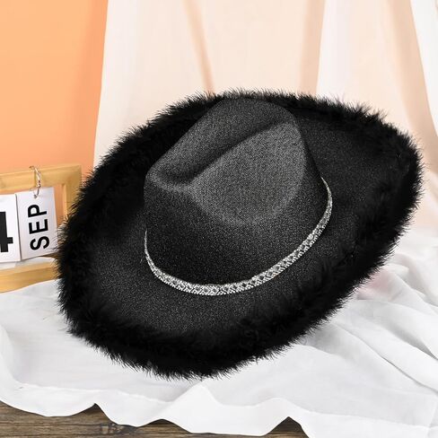 Yoiemivy ريشة قبعة رعاة البقر مع نظارة شمسية على شكل قلب للنساء، قبعة رعاة البقر ديسكو سباركلي قبعة راعية البقر الغربية لحفل زفاف عيد الميلاد (أسود) in Kuwait