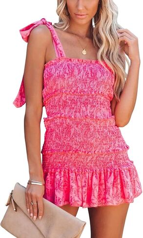 Hotmiss Womens Ruffle Smocked Mini Dress Sleeveless Floral Print Summer Tiered Tie Slim Fit Short Dresses in Saudi Arabia