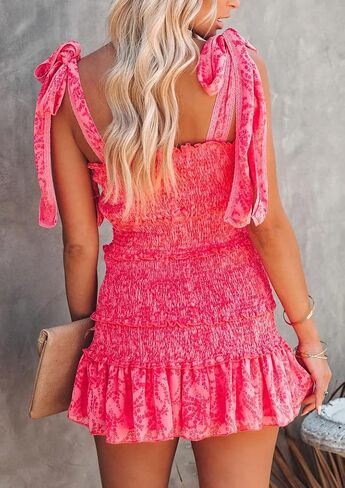 Hotmiss Womens Ruffle Smocked Mini Dress Sleeveless Floral Print Summer Tiered Tie Slim Fit Short Dresses in Saudi Arabia