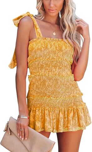 Hotmiss Womens Ruffle Smocked Mini Dress Sleeveless Floral Print Summer Tiered Tie Slim Fit Short Dresses in Saudi Arabia