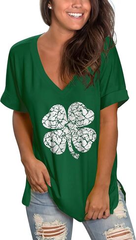 SAMPEEL Women's V Neck T Shirts Casual Rolled Short Sleeve Side Split Summer Tops Loose Fit in Kuwait