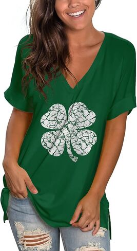 SAMPEEL Women's V Neck T Shirts Casual Rolled Short Sleeve Side Split Summer Tops Loose Fit in Kuwait