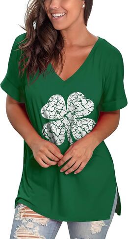 SAMPEEL Women's V Neck T Shirts Casual Rolled Short Sleeve Side Split Summer Tops Loose Fit in Kuwait