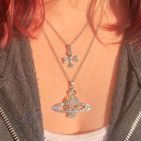 كورت سي بي عقد بقلادة بتصميم كوكب زحل قوطي من حجر الراين بتصميم جمجمة متقاطعة بنمط كوكب انمي نانا، قلادة بطبقات رائعة للنساء والفتيات، 19.6 انش (50 سم)، زنك، حجر الراين in Kuwait