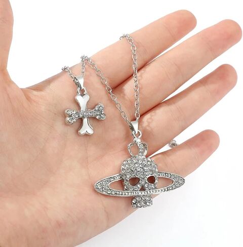 كورت سي بي عقد بقلادة بتصميم كوكب زحل قوطي من حجر الراين بتصميم جمجمة متقاطعة بنمط كوكب انمي نانا، قلادة بطبقات رائعة للنساء والفتيات، 19.6 انش (50 سم)، زنك، حجر الراين in Kuwait